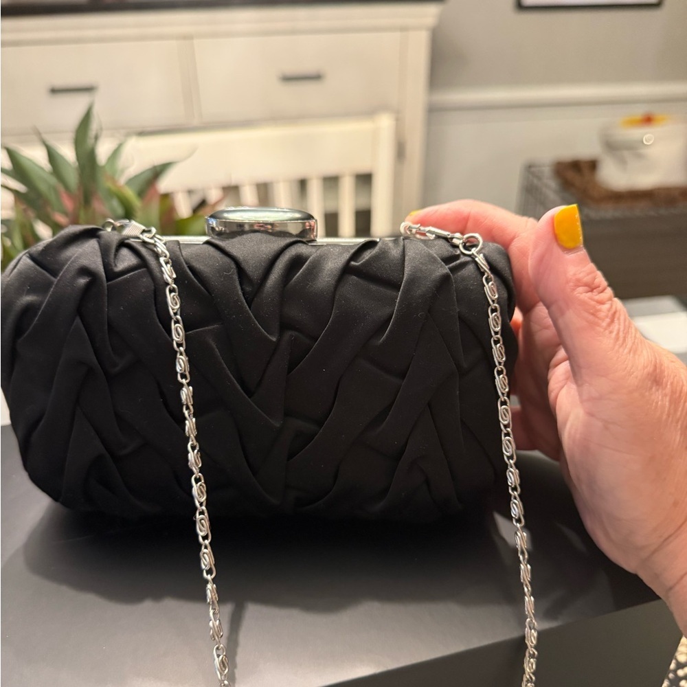 Cache Vintage NWOT Elegant Black Clutch with Silver Chain